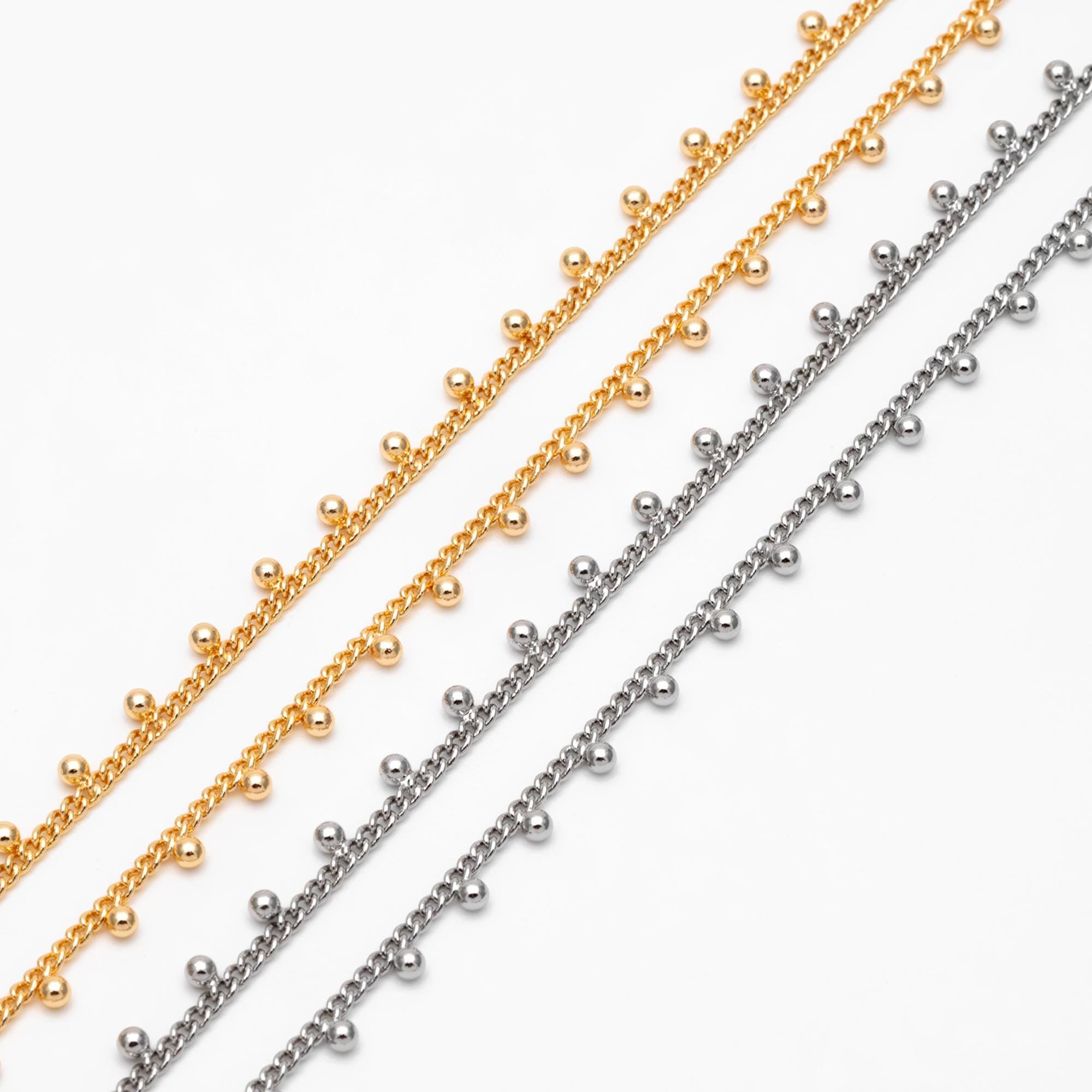 Gold/ Silver Curb Chain with Ball Charms, 18K Gold/ Rhodium plated Brass, Quality Chain for DIY Necklace Wholesale (#LK-253)/ 1 Meter=3.3ft